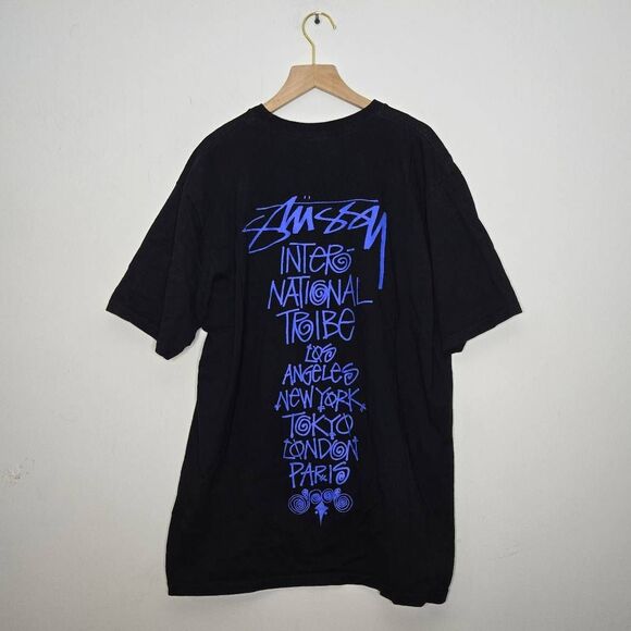 Stussy Tribe Stack T Shirt Mens Size Large Black Short Sleeve Faded Crewneck - Picture 1 of 3